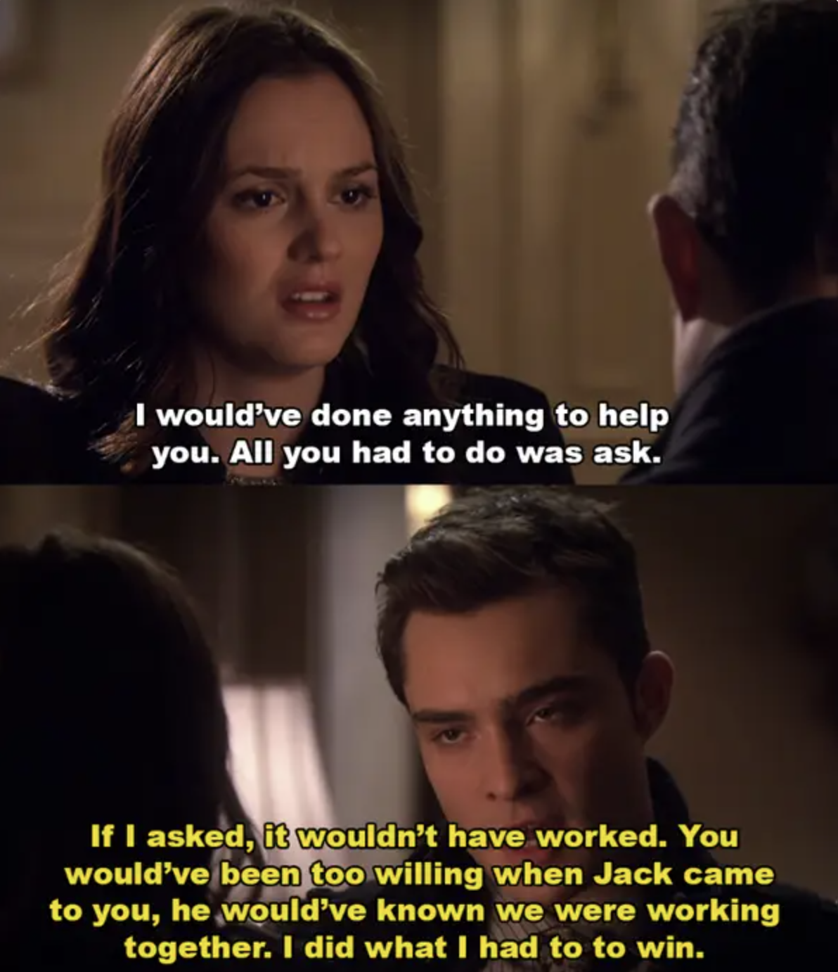 Blair says she would have done anything to help Chuck if he&#x27;d asked, Chuck said that wouldn&#x27;t have worked if she was &quot;too willing&quot; and that he did what he had to do to win