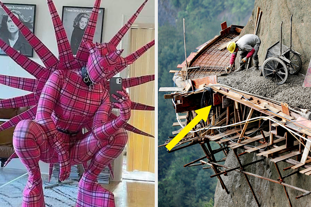 Someone in a weird costume and someone building a road on a mountain