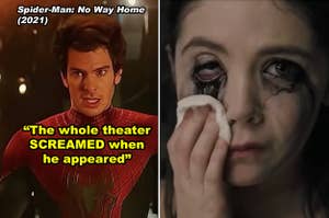 Side-by-side of Andrew Garfield in "No Way Home" and the orphan wiping off her makeup in "Orphan"