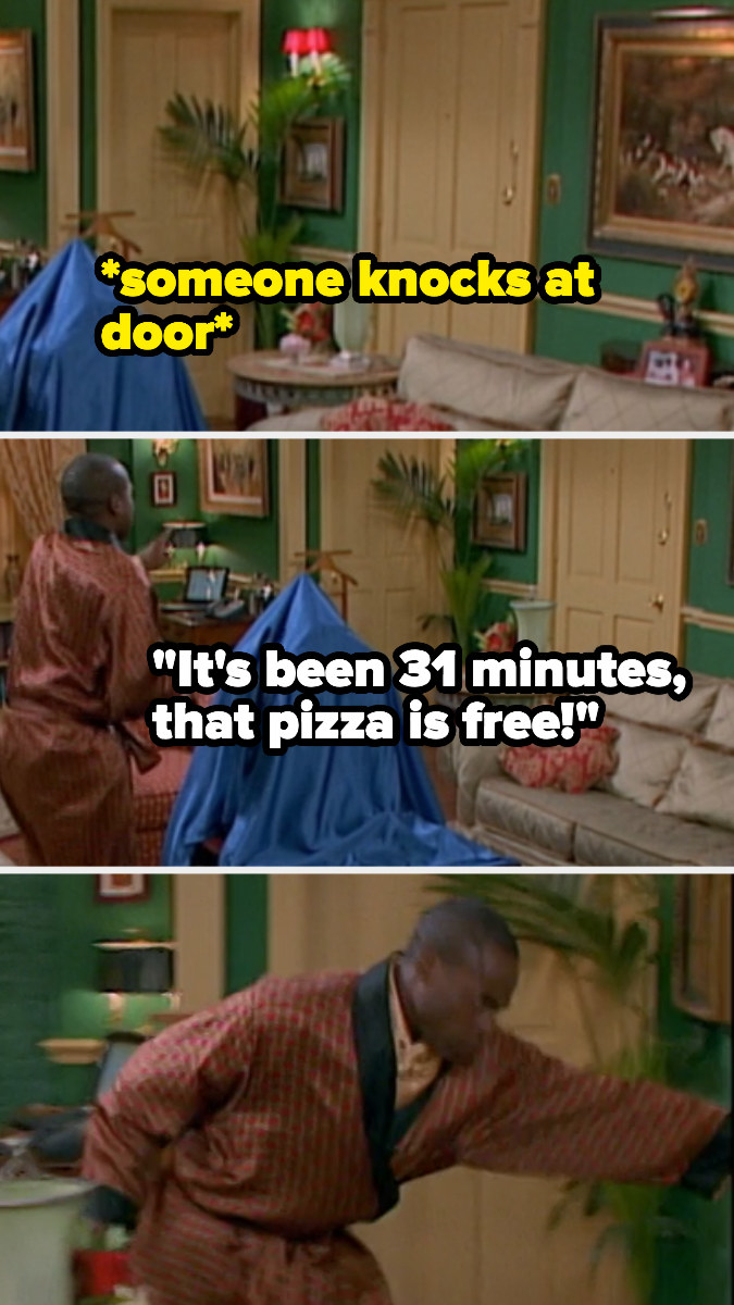 Mr. Moseby hears a knock at the door and believes it&#x27;s a pizza he ordered exactly 31 minutes ago