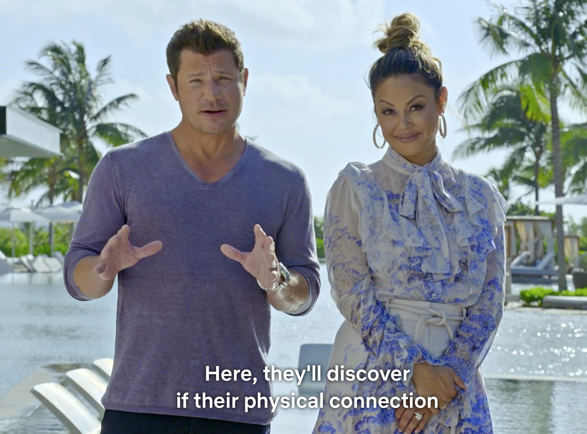 Nick Lachey stand next to his wife Vanessa in Mexico and says &quot;Here, they&#x27;ll discover if their physical connection...&quot;
