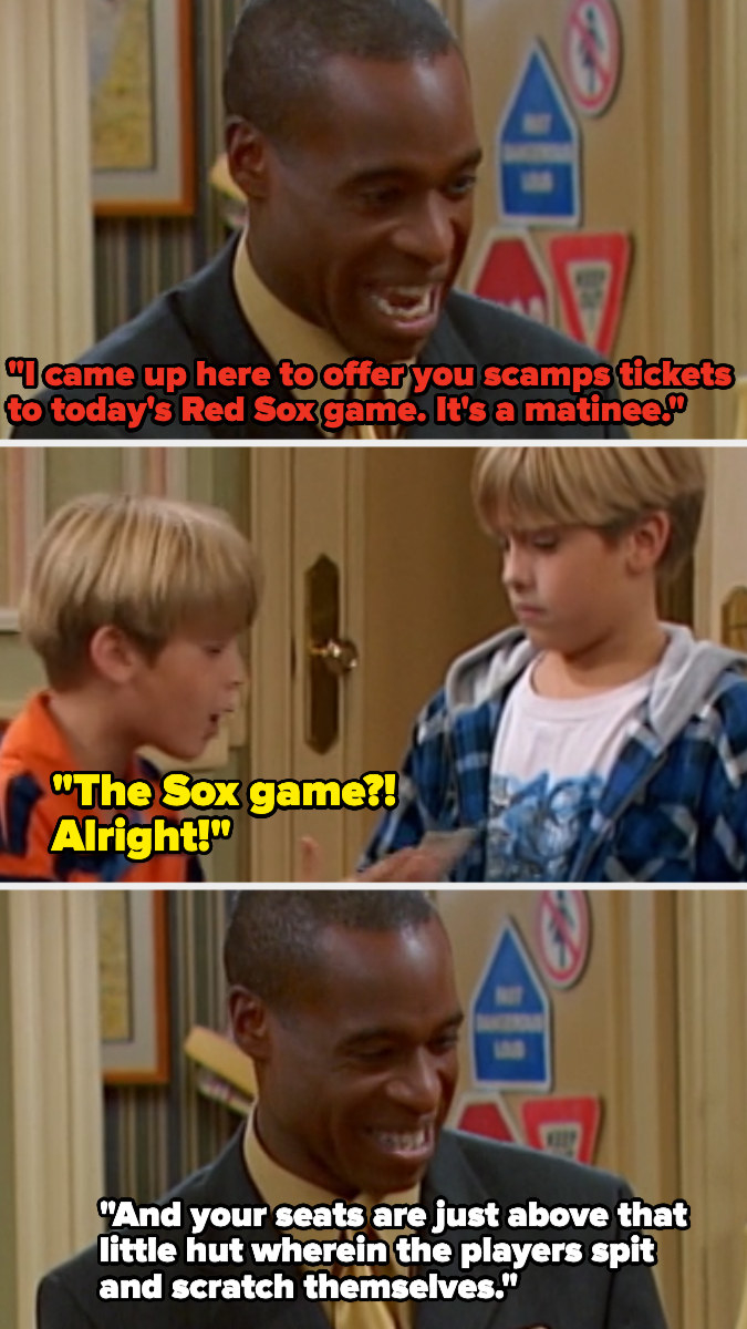 Mr. Moseby offers Zack and Cody baseball game tickets