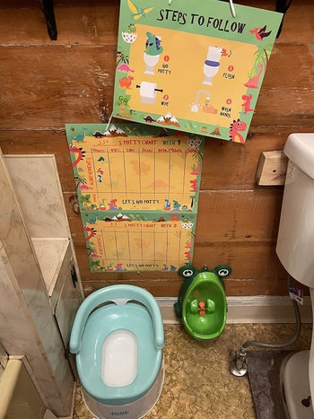 reviewer's photo of the potty chart and the steps to follow chart hanging in their bathroom