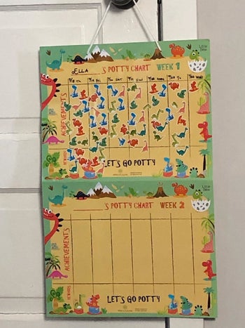 reviewer's photo the potty chart with stickers hanging on the door