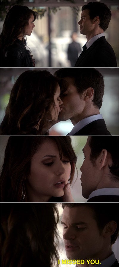 Elena pretending to be Katerina and kissing Elijah
