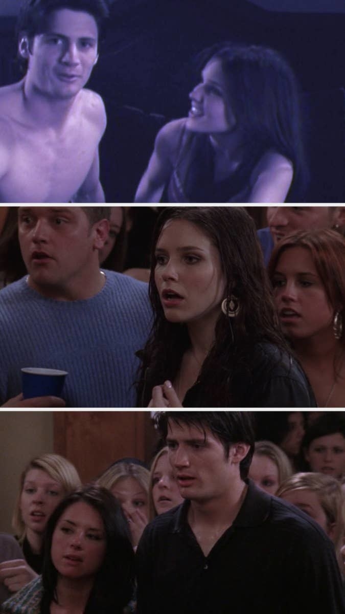 Nathan and Brooke looking shocked in the crowd as the video plays