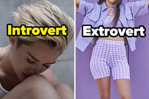 Miley Cyrus is on the left labeled, "Introvert" with a woman in clothing labeled, "extrovert"