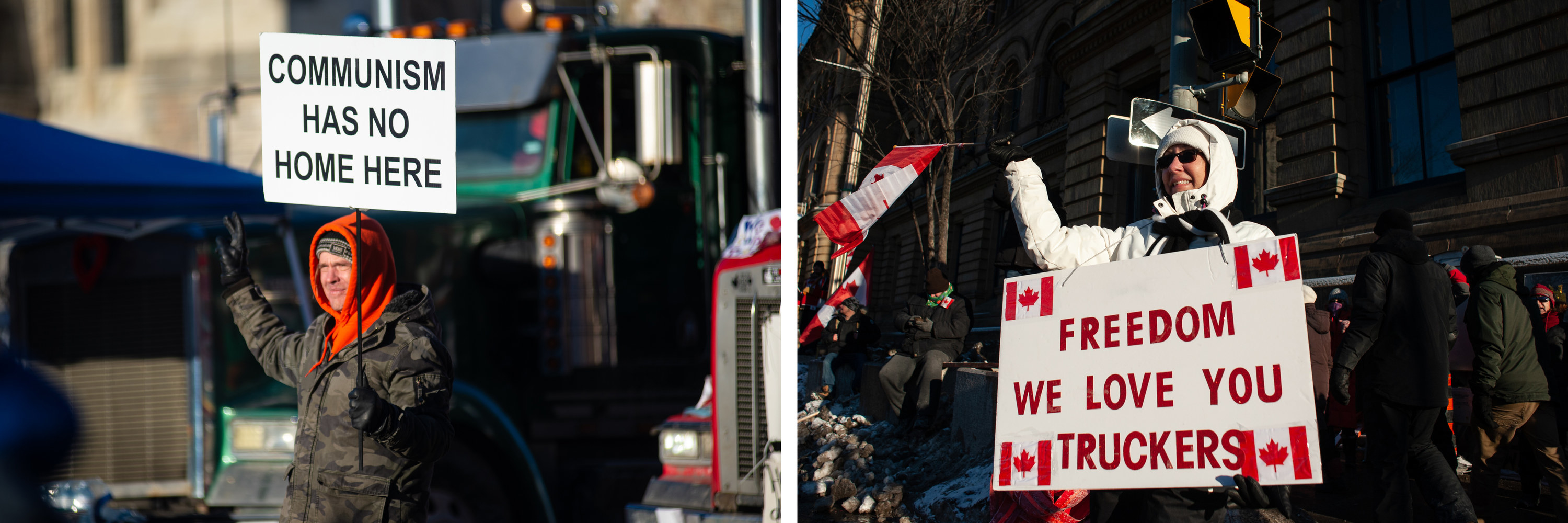 Protesters hold signs reading &quot;communism has no home here&quot; and &quot;we love you, freedom truckers&quot;