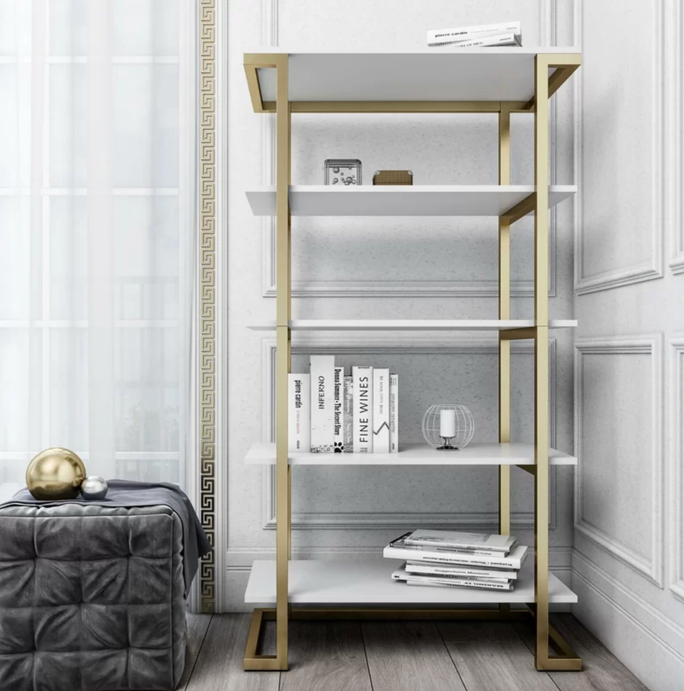The gold and white bookcase
