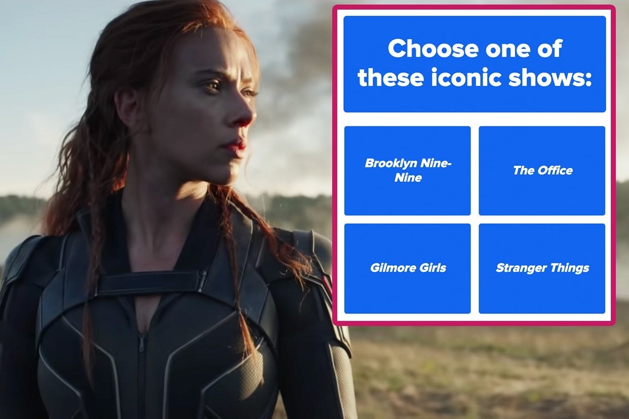 Black Widow next to a question on a quiz that says &quot;Choose on of these iconic shows&quot; with Brooklyn 99, The Office, Gilmore Girls, and Stranger Things as options