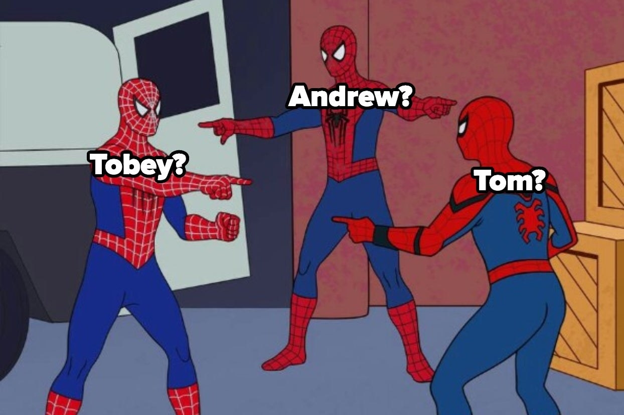 Three Spidermans pointing to each other captioned Tobey, Andrew, and Tom