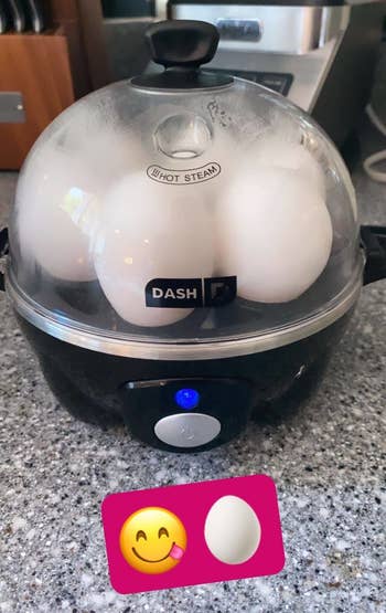BuzzFeed Editor Samantha Wieder's black rapid egg cooker cooking six hard boiled eggs at a time