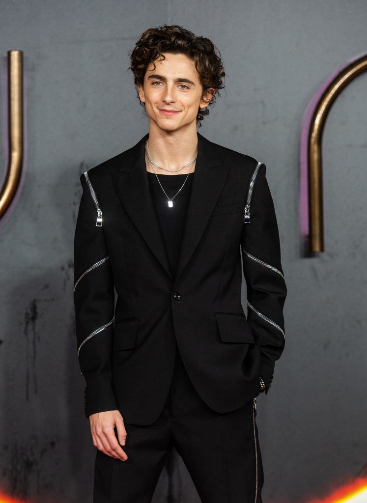 dressed in a futuristic suit with zippers on the sleeves, Timmy smiles on the red carpet