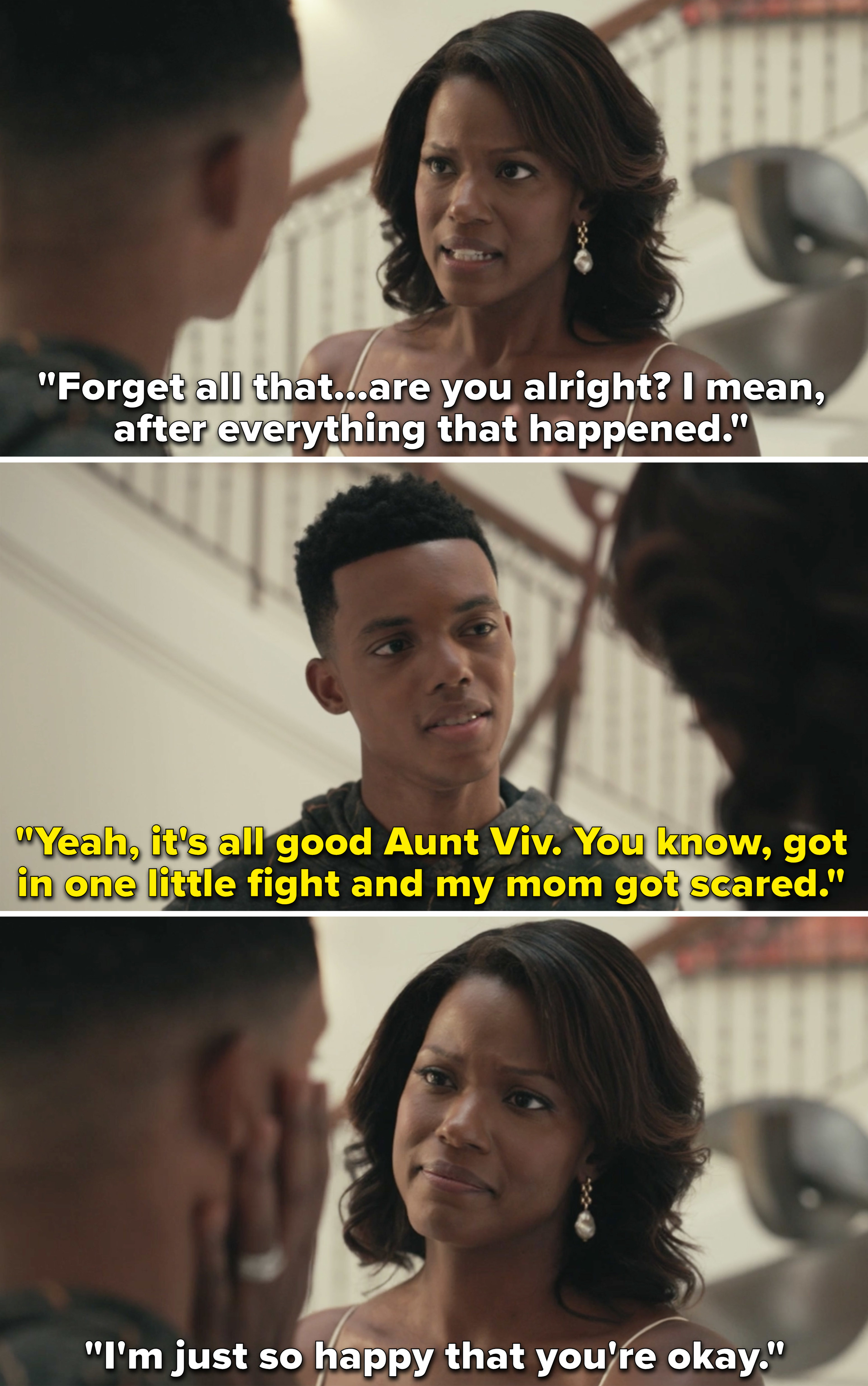 Aunt Viv asking Will if he&#x27;s okay, and Will saying, &quot;You know, got in one little fight and my mom got scared&quot;