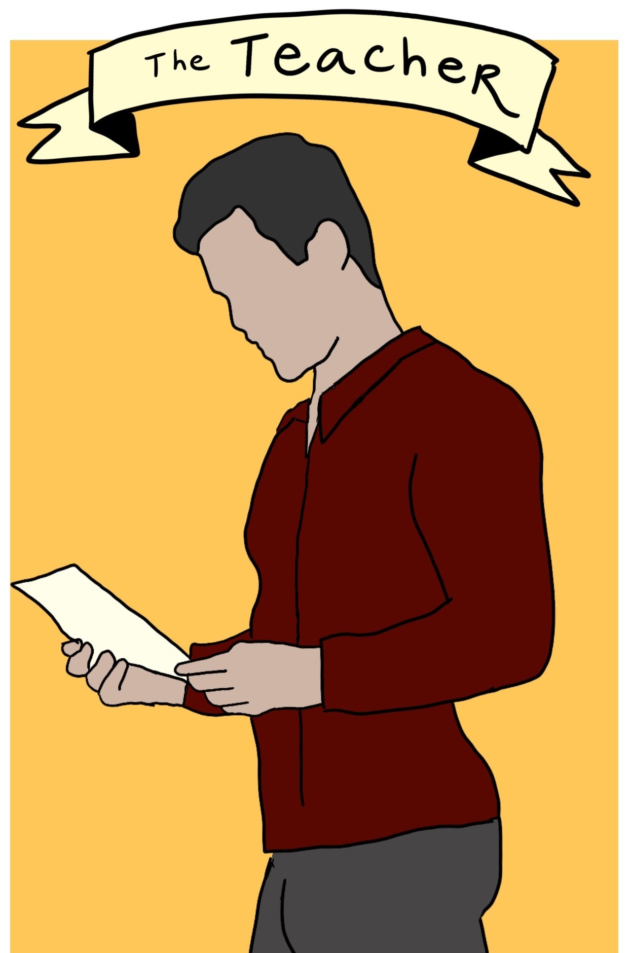 Drawing off a man in tight clothes holding a paper and reading it