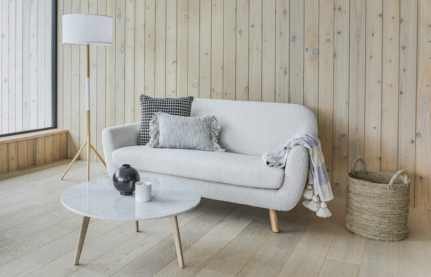 a white boucle couch