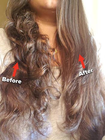 Reviewer before and after of hair using hair straightener bursh