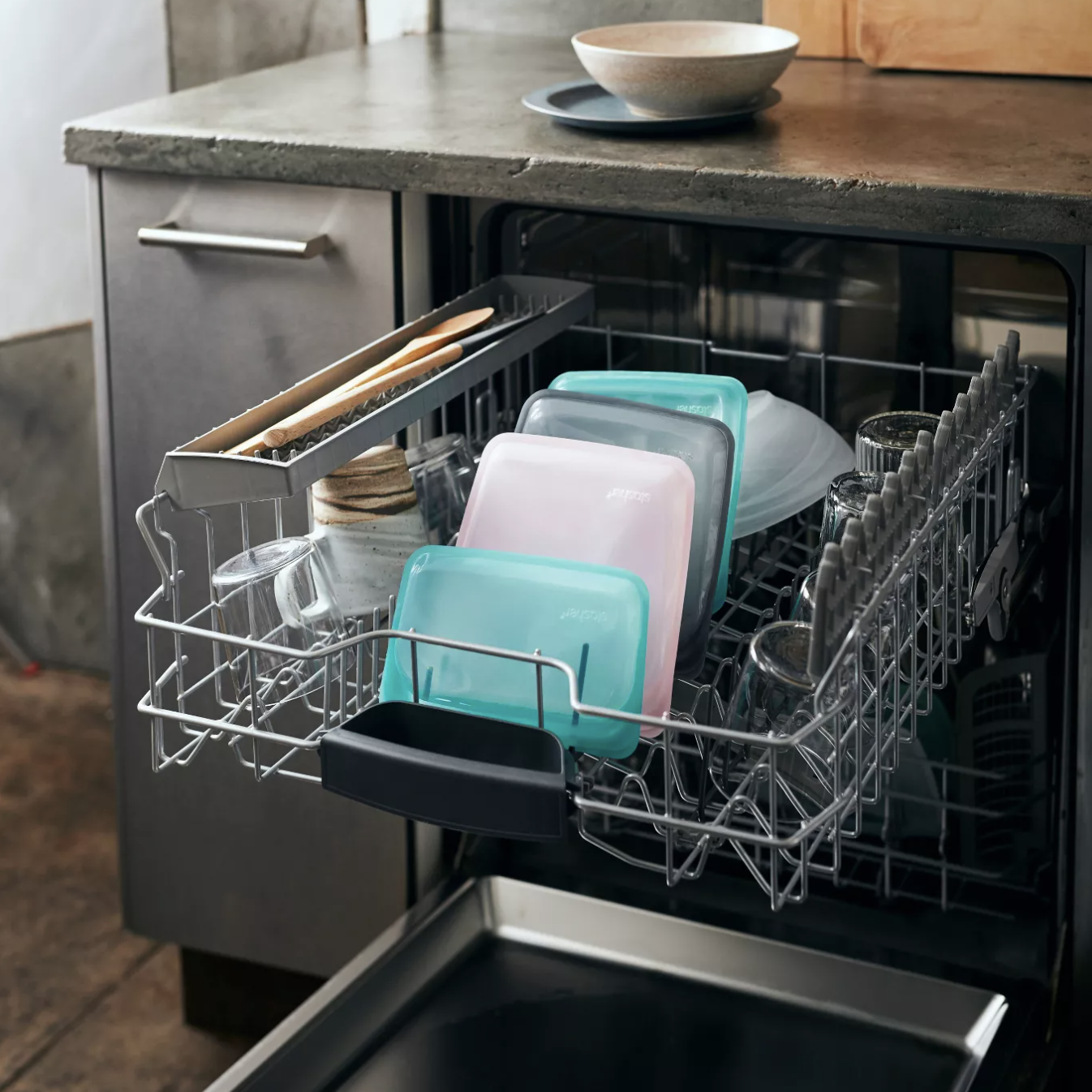 an array of stasher bags in a dishwasher