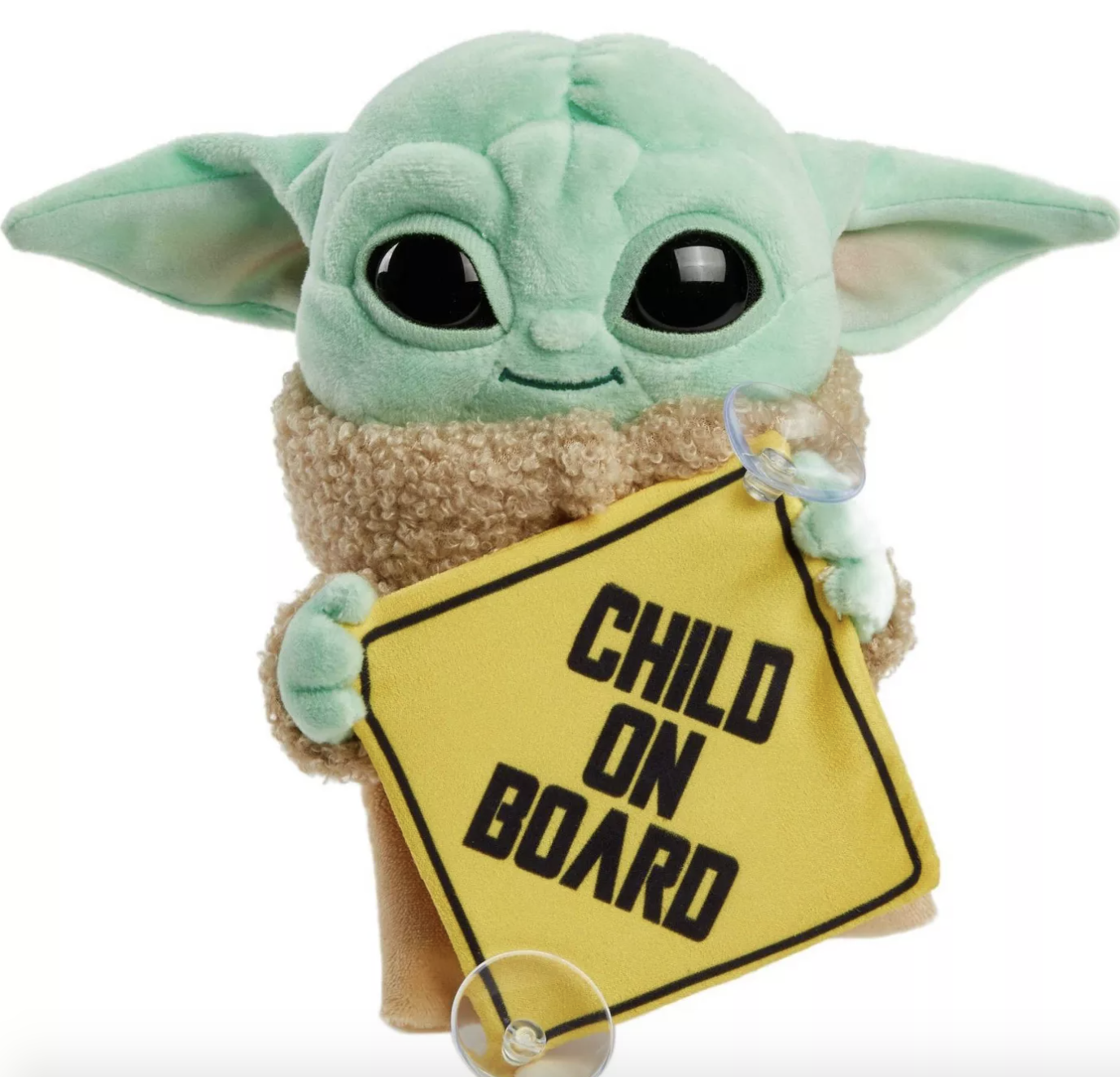a plus baby yoda doll holding a yellow sign that says &quot;child on board&quot;
