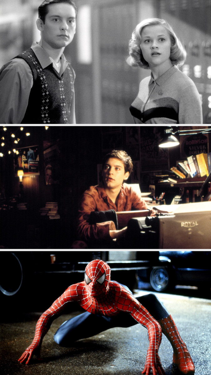 Tobey Maguire and Reece Witherspoon in "Pleasantville," sitting at a desk in "Wonder Boys," and in uniform for "Spider-Man"