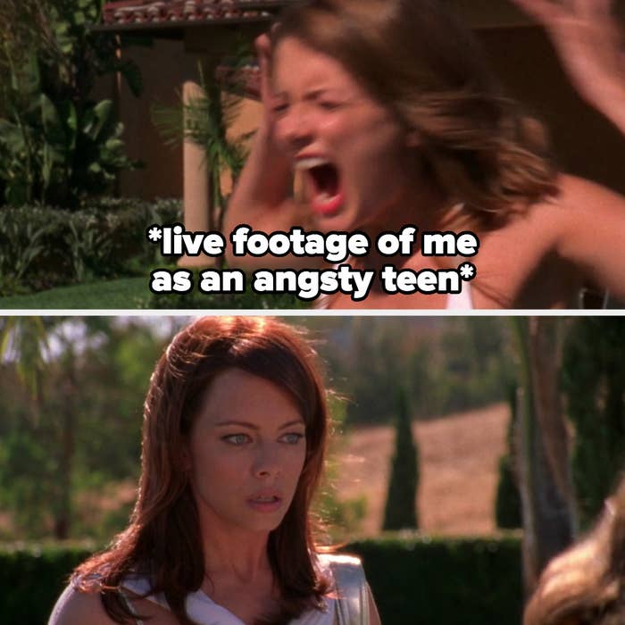 Marissas poolside freakout in the oc side by side with julie and a caption about being an angsty teen