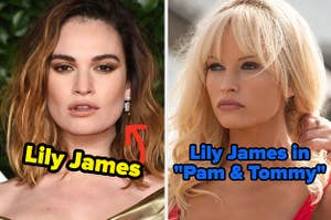 Lily James, and Lily James in "Pam & Tommy"