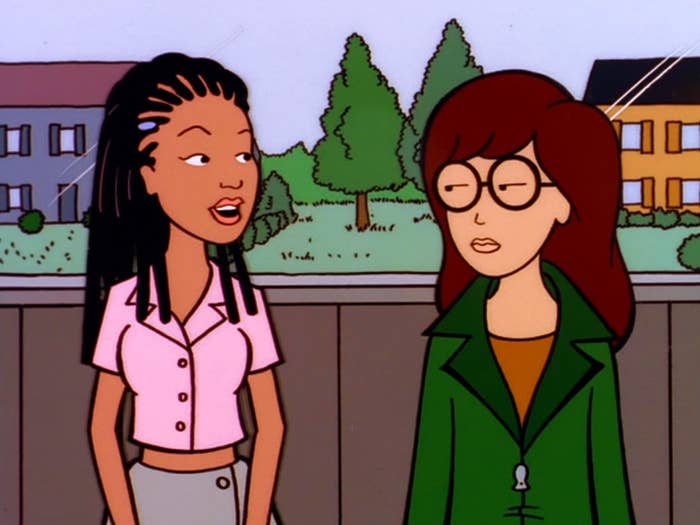 Daria Morgendorffer and Jodie Landon talking to each other outdoors