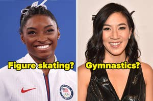 Simone Biles and the words "figure skating?" and Michelle Kwan and the words "gymnastics?"