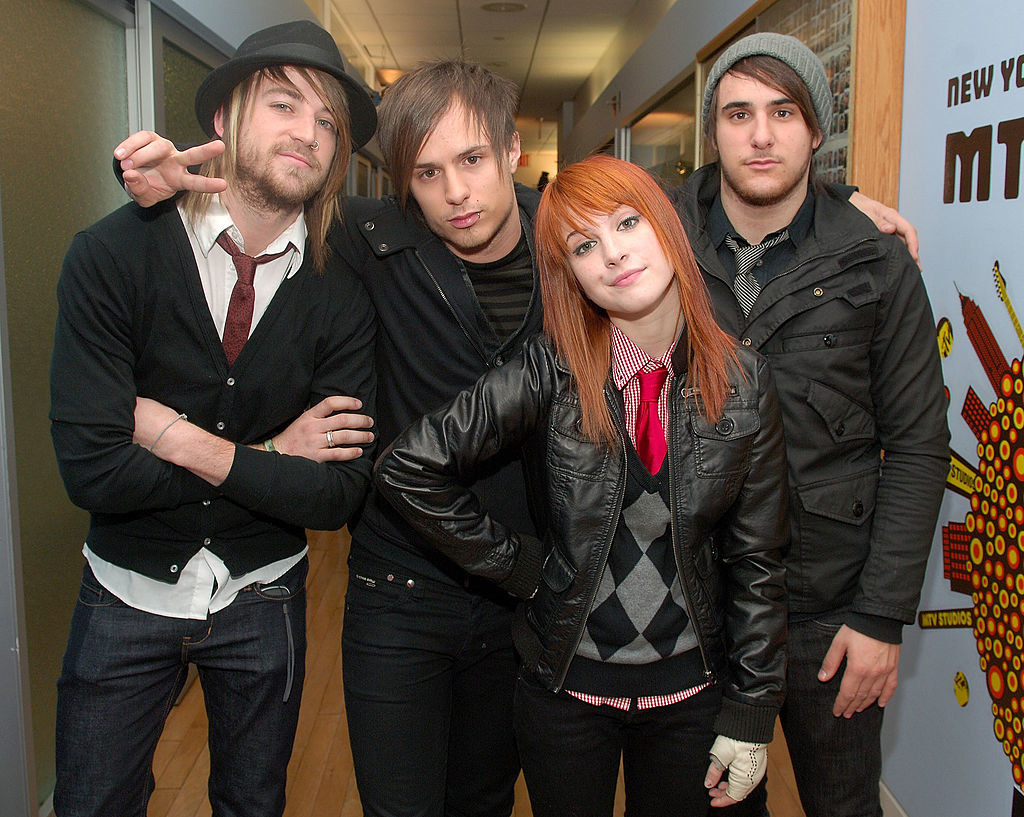 Band Paramore members Jeremy Davis, Josh Farro, Hayley Williams and Zac Farro of Paramore appear at MTV Studios