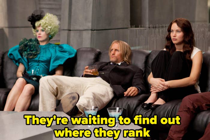 Effie, Haymitch, and Katniss watching the TV, nervous, with caption: they&#x27;re waiting to find out where they rank