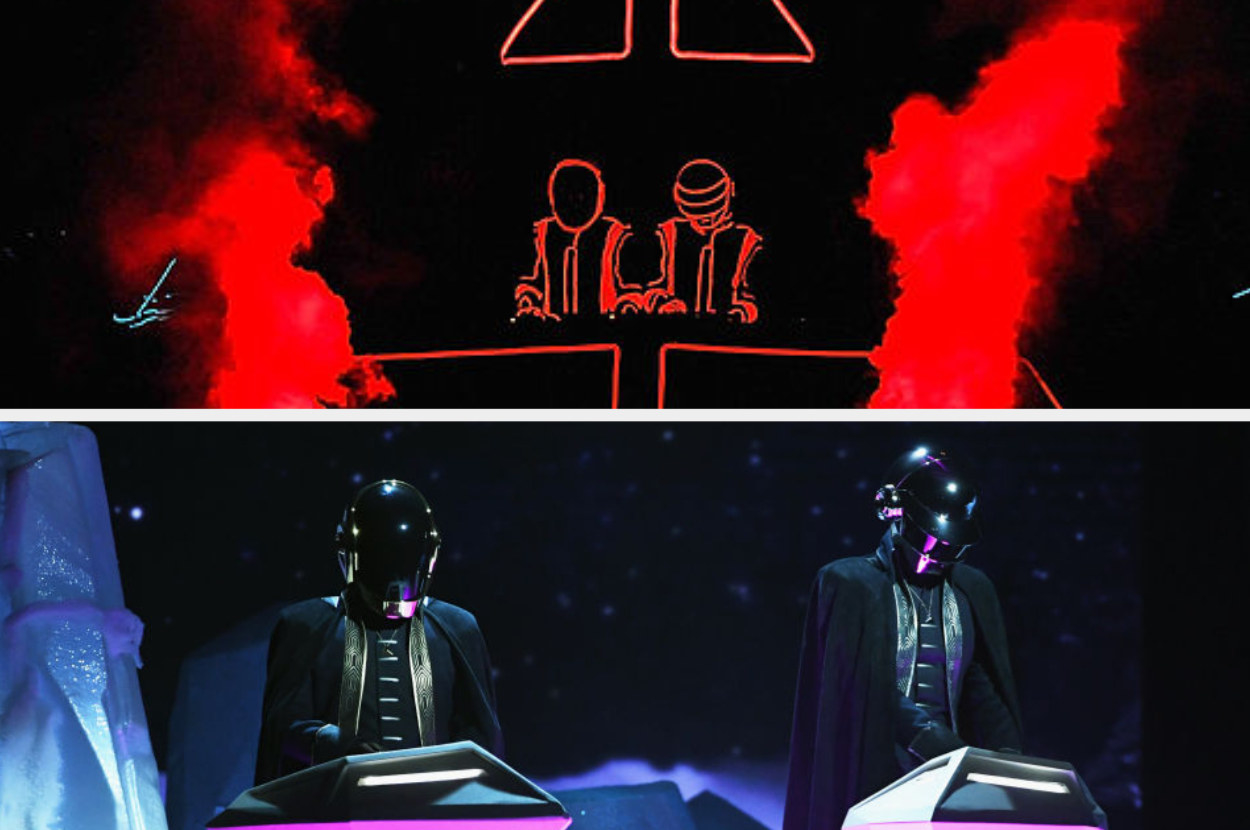 the two Daft Punks, both wearing face covering helmets