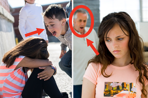 Child bullying another child and an upset teenager with an angry father behind her