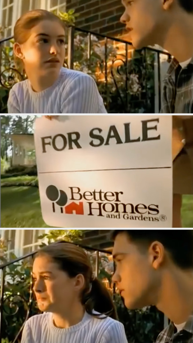 Anne Hathaway upset, sitting outside a home in a Better Homes &amp;amp; Gardens commercial