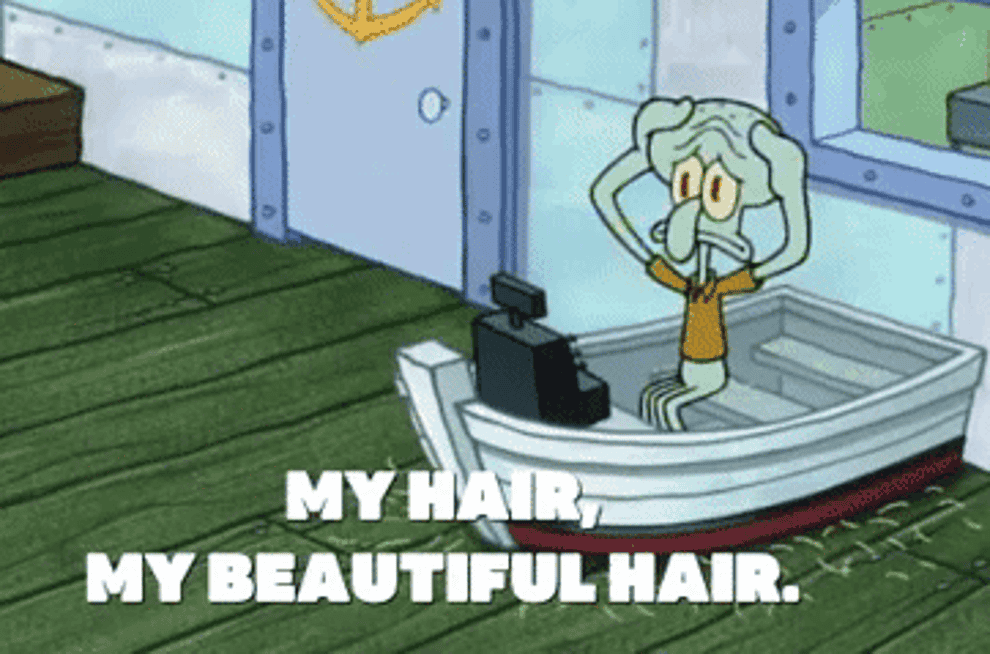Squidward clutching top of head and saying, &quot;my hair, my beautiful hair&quot;