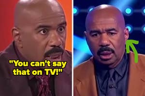 A shocked Steve Harvey says, "You can't say that on TV" next to Steve completely speechless after someone's answer on "Family Feud"