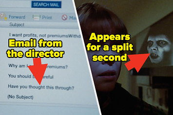 "Email from the director" pointing to text, "Have you thought this through" and "Appears for a split second" pointing at a demon face