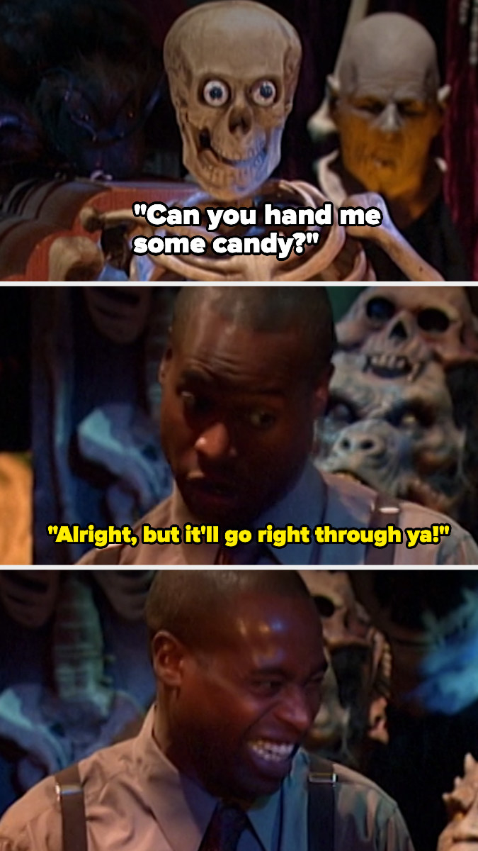 Mr. Moseby jokes around with a talking skeleton character at a Halloween party