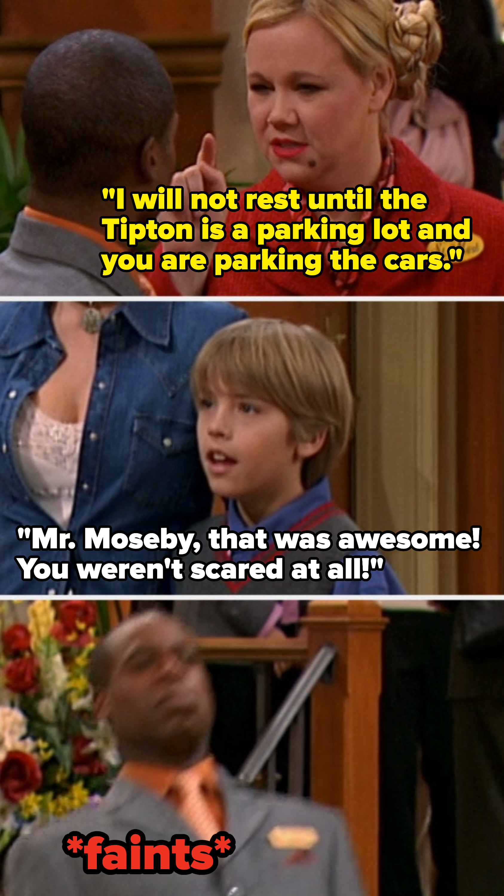 Mr. Moseby fanits from fear when Ilsa visits the Tipton lobby