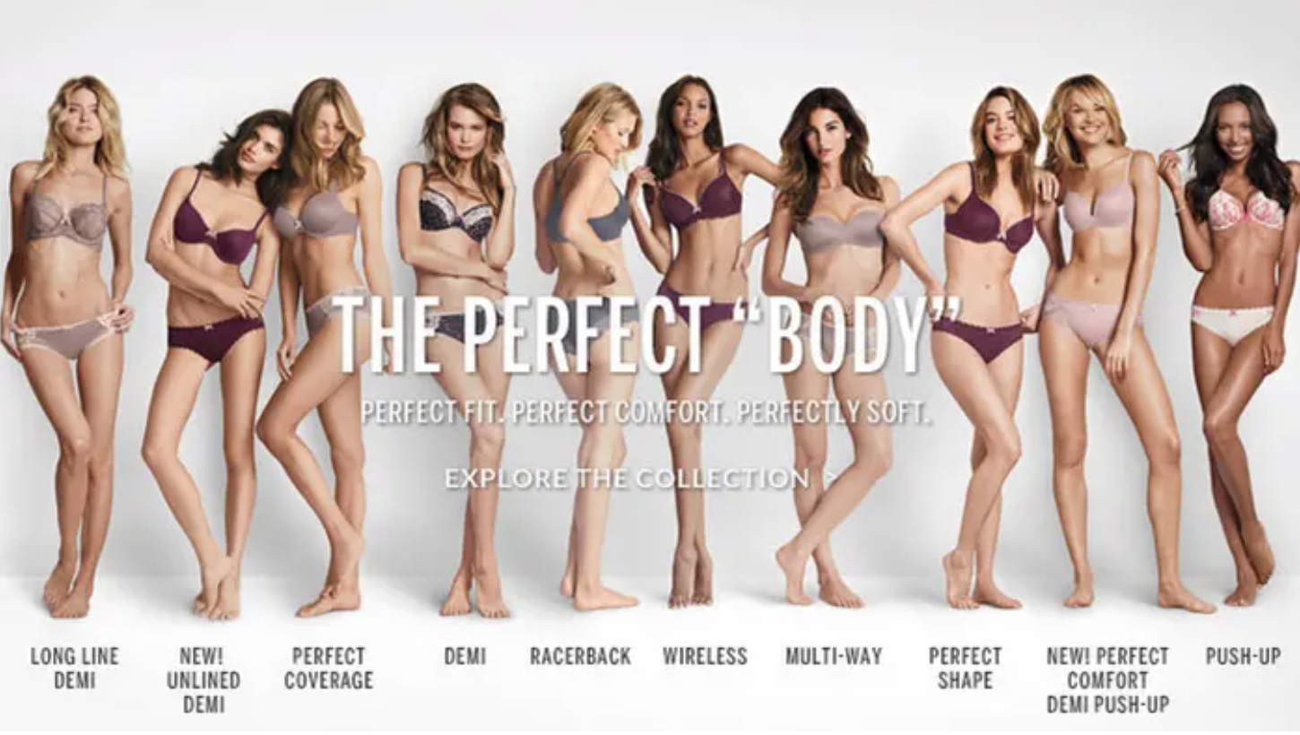 Victoria Secret campaign ad showing models of the same skinny body type captioned, &quot;The Perfect Body&quot;