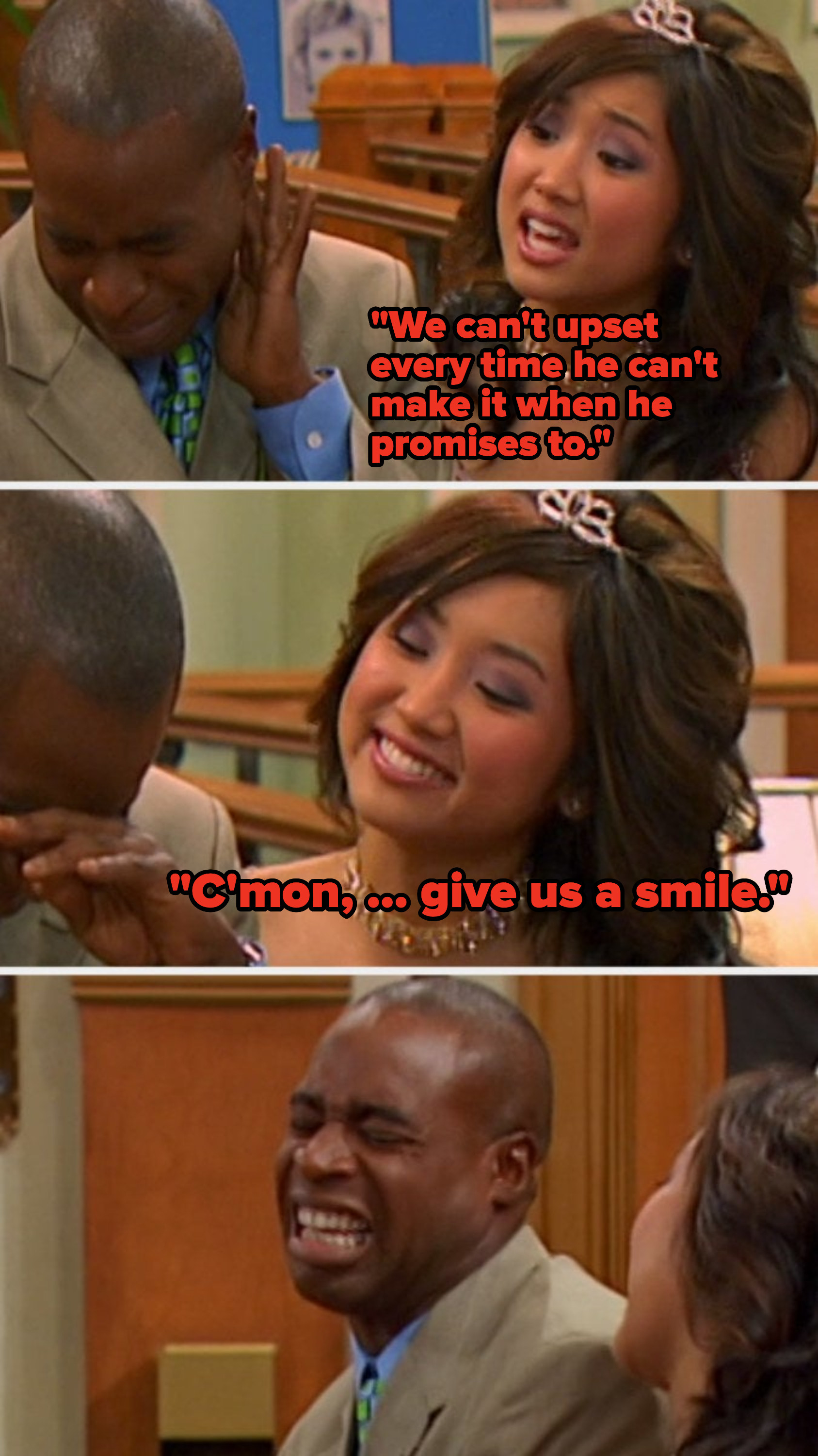 Mr. Moseby fakes a smile while he is sad that London&#x27;s father didn&#x27;t show up when he was expecting him