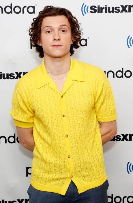 Tom in a yellow short-sleeved sweater at a red carpet event