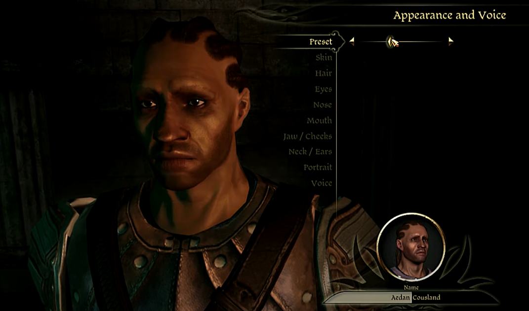 a Black character in the customization menu of Dragon Age origins