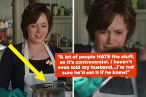 Amy Adams in "Julia and Julia" struggling with a large pot, with text: "“A lot of people hate the stuff, so it’s pretty controversial. I haven’t even told my husband as I’m not sure he’d eat it!”