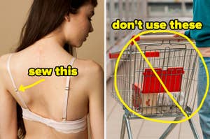 An adjustable bra strap with the text "sew this" and a shopping cart with the text "don't use these"