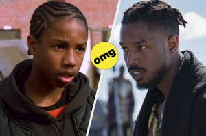 Michael B. Jordan in The Wire on the left, and in Black Panther on the right.