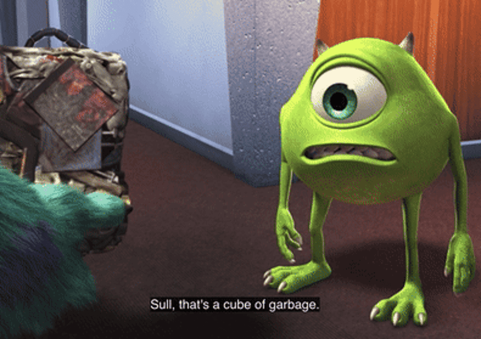 Sulley crying into a cube of crushed rubbish and Mike looking at him weirdly. They both start listening to the cube thinking there are children inside.
