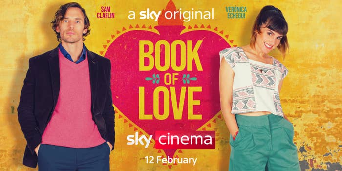 picture of sam claflin and veronica echegui standing near each other with the words book of love between them