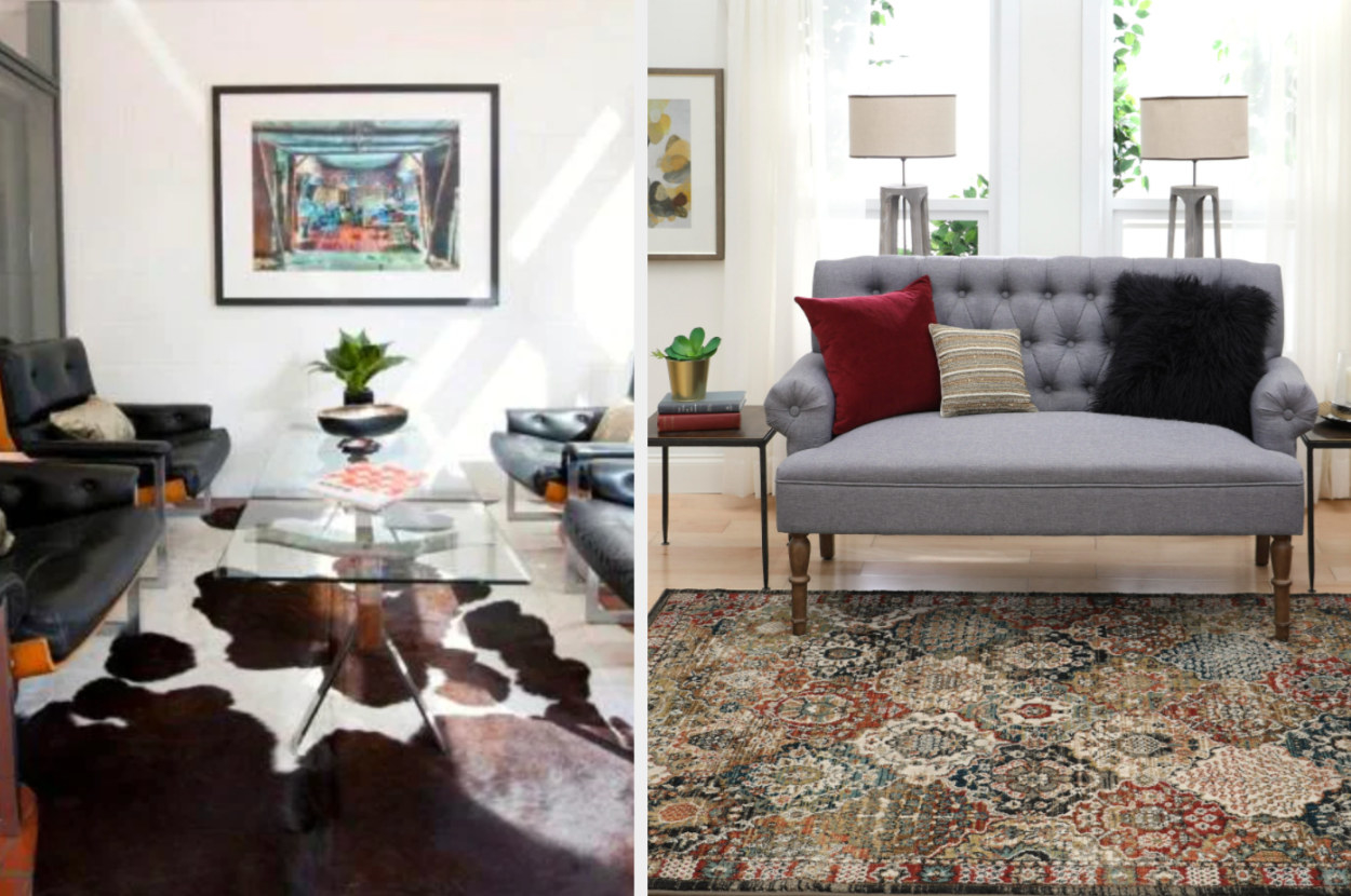Brown and white cowhide rug underneath black leather couches next to red, cream, and blue medallion rug in front of gray couch