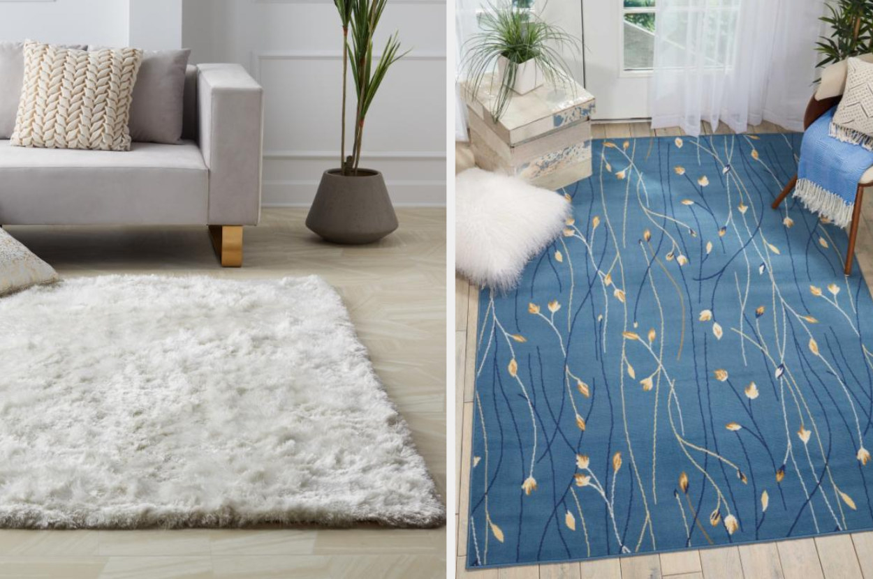 White shag rug in front of light gray couch next to blue, yellow, and cream floral rug