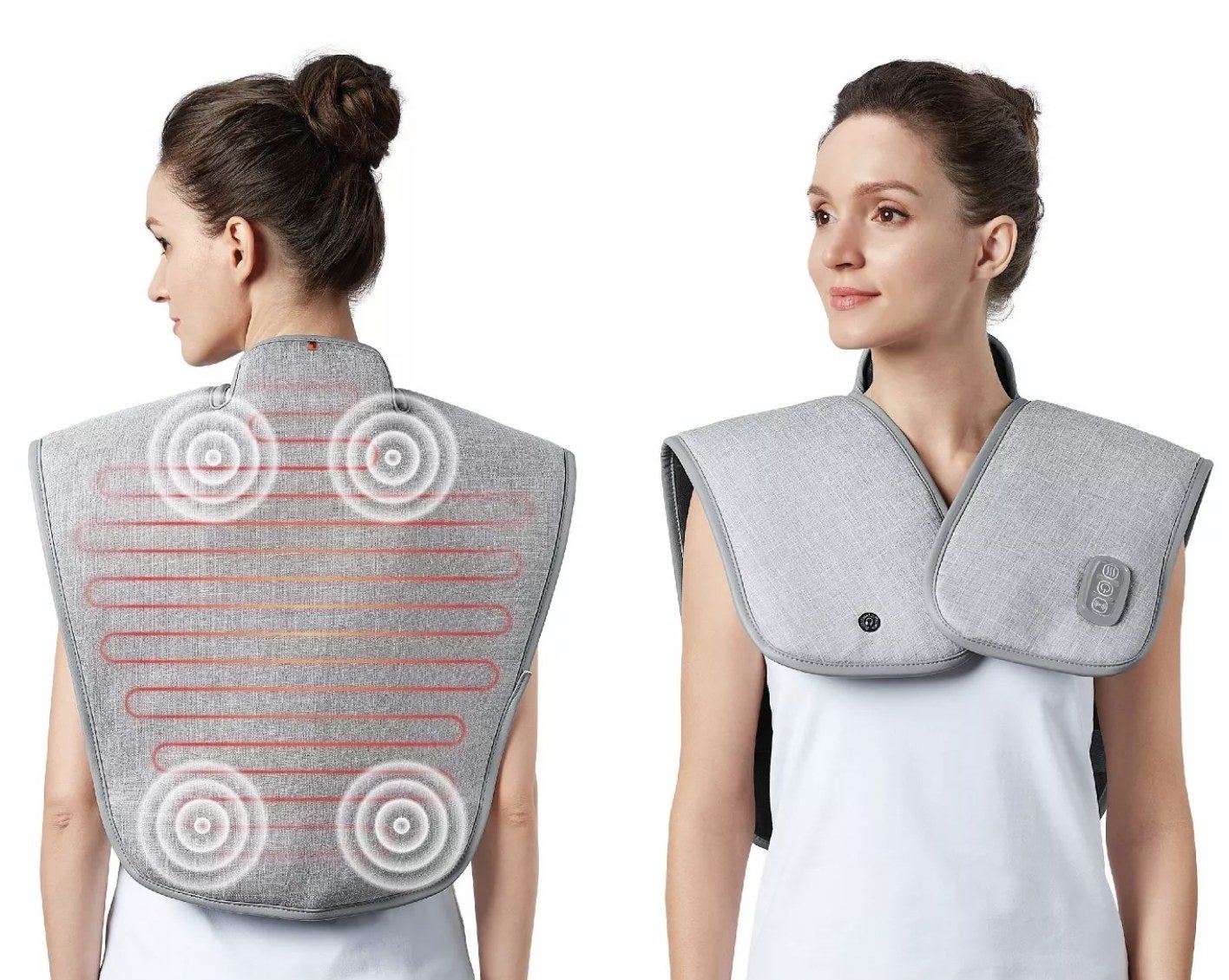 Model wearing the pad over her upper back and shoulders with designs showing the heating and massage elements inside the wrap